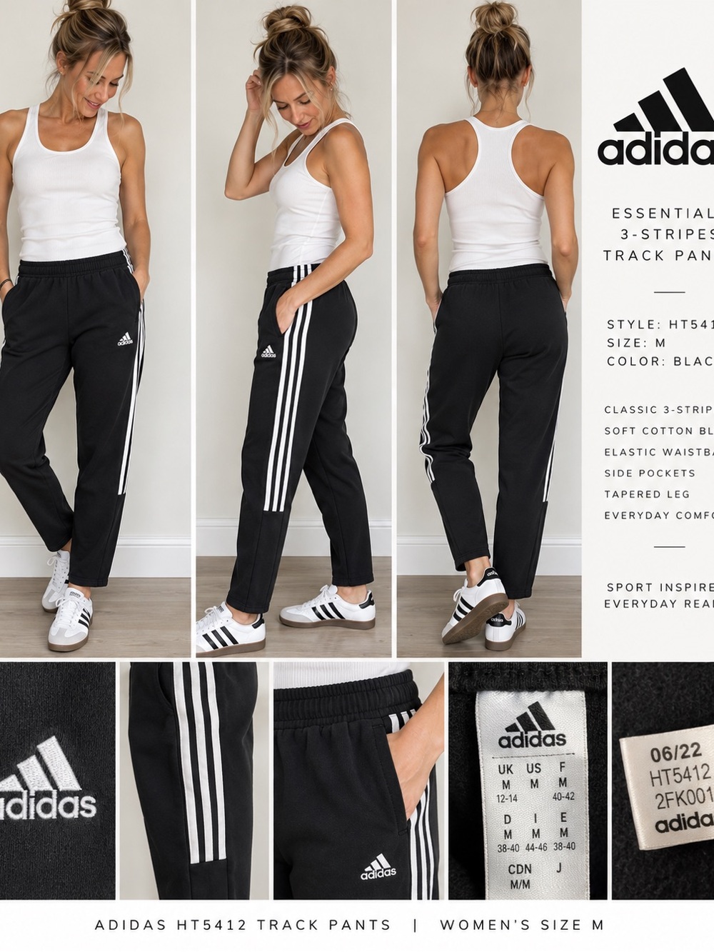 Adidas Black 3-Stripes Track Pants Women’s M 🖤🤍🖤